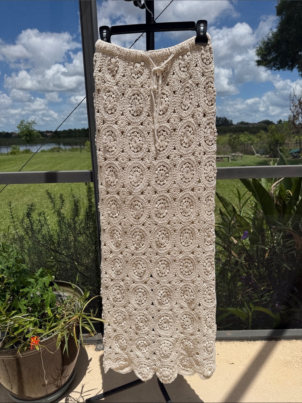 Solitaire Cream Crochet Maxi Skirt with Drawstring Waist